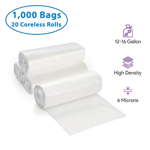 Image of 12-16 Gallon Clear Garbage Can Liners, 1000 Count - Medium - Large Trash Can Liners - High Density, Thin, Lightweight, 6 Microns - For Office, Home, Hospital, Wastebaskets - 20 Coreless Rolls