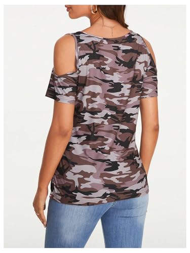 Image of RoseSeek Women's Camo Leopard Cold Shoulder T Shirts Summer Camouflage Tops