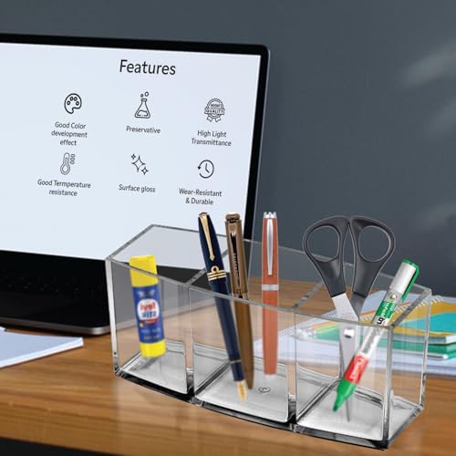 Image of GROB Prismo Multipurpose Transparent Acrylic Organizer| 3-Compartment Stationary Holder, Makeup Brush Container, Cosmetics holder for Desk or Vanity| Smart Living Product