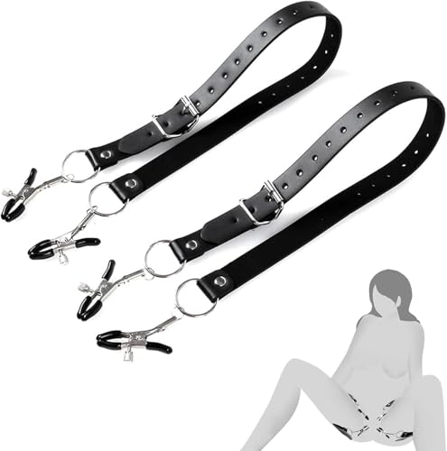 Bondage Spreizriemen Set mit Nippelklemmen, Verstellbare Schamlippenklemmen, Schwarz