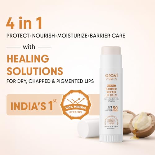 Image of Aravi Organic Barrier Repair Natural Lip Balm SPF 50 PA++++ | Lip Balm for Dark, Dry & Pigmented Lips | Kojic Acid, Ceramide & Peptide | Brightening, Hydrating & Sun Protection Lip Balm for Women & Men - 5g