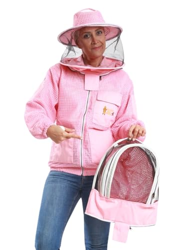 Massive Bee Store 3-Layer Beekeeping Fully Ventilated Jacket with Round & Fencing Veil, Pink Double Veil, Extra Large