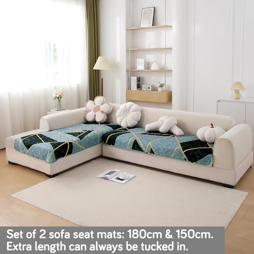 Image of HOKIPO 'Elira Series' Printed Water Repellent + Waterproof Quick Dry L Shape (3+2 Seater) Sofa Seat Cover Mat, Multicolor Abstract Geometry (NEW-AR-5249-C10 + NEW-AR-5246-C10)