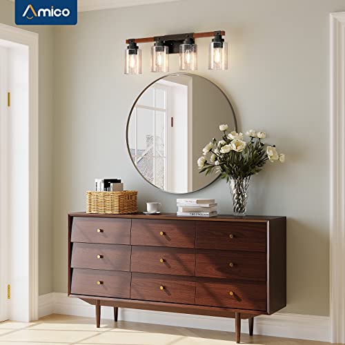 Amico 4-Light Bathroom Light Fixtures, Farmhouse Rustic Wood Vanity Light, Industrial Vintage Black Wall Sconces Light With Bubble Glass Shade Porch Wall Lamp For Mirror, Bedroom, Hallway #TOP1