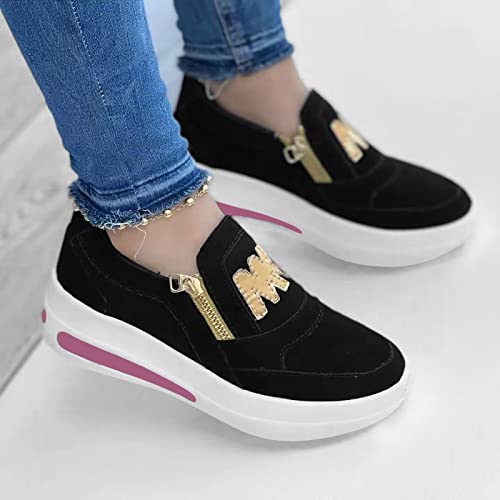 Hbeylia Platform Sneakers for Women Breathable Flock Slip On Round Toe Chunky Bottom Heels Low Top Canvas Shoes Slip On Side Zipper Flats Comfortable Walking Shoes Play Sneakers Loafers3