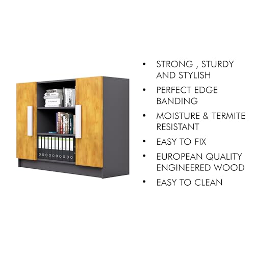 Image of Bniture Engineered Wood Storage Cabinet with 3 Shelf and 2 Door | Book Shelf Wooden Bookshelf for Home | Multipurpose Storage Organizer for Living Room, Hallway & Office | Slate Grey & Giant Wood