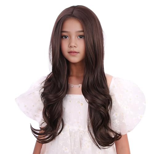 Image of Kids Mixed Brown Wig Child Long Dark Brown Wavy Curly Wig Girls Chocolate Middle Part Wigs Heat Resistant Synthetic Wigs with Cap