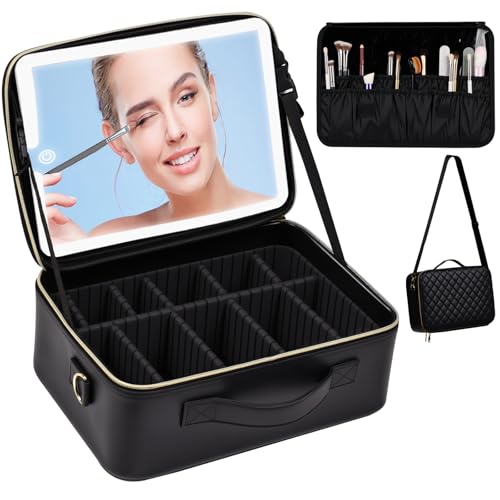 Advwin Travel Makeup Bag with LED Mirror, Cosmetic Train Case with Adjustable Compartment and Brush Holder Storage, Portable Makeup Organizer Bag, USB Charging, Black