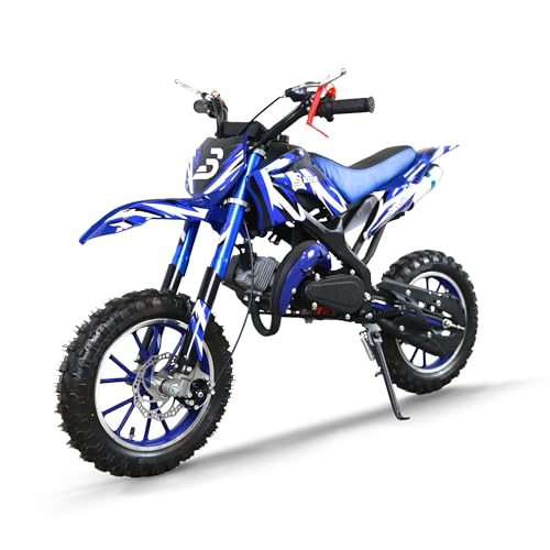 BLAZEGO 49CC Kids Gas Dirt Bike, 2-Stroke Gas Powered Motorcycle, Dual Disc Brakes, Front & Rear Shock, 10' Off-Road Tires, 28 MPH Top Speed, 132 LBS Max Load, Mini Dirtbike for Kids 8-14, Blue