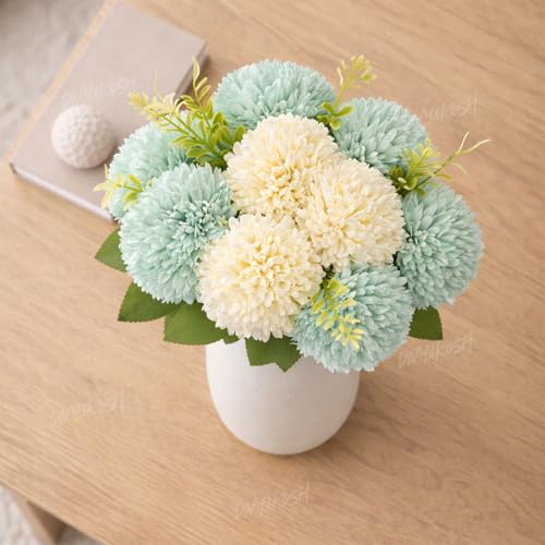 Image of Divyakosha Artificial Flower Bouquet 10 Heads (7 Mint Green & 3 Cream White) Vase Arrangement with Leaves, Faux Chrysanthemum Flowers for Home Decor