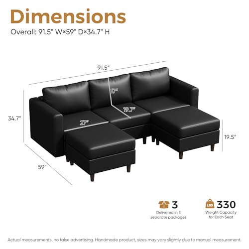 Image of ABCASA Faux Leather U Shaped Modular Sectional Sofa 91.5 inch, 5 Seater Couch with Movable Ottoman Deep Seat and Storage Seat with Removable Cover for Living Room, Apartment - Black