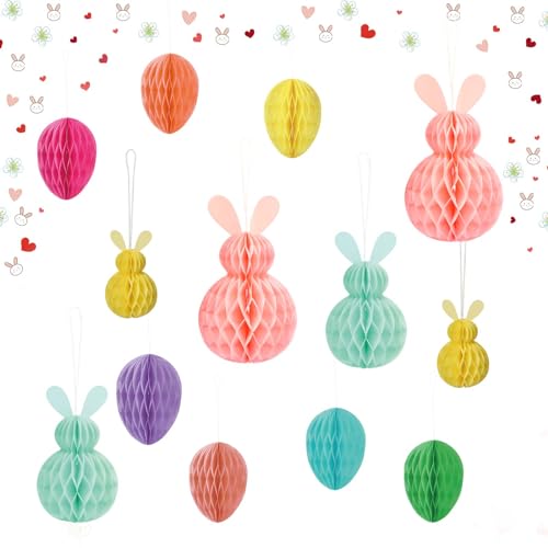 HAMOOM Ostereier zum Aufhängen Papier Ostern 3D Bienenwabe Dekoration Osterhase Hängende Deko Ostern Honeycomb Deko Easter Frühling Anhänger Dekoration für Oster Party Garten Baum Fenst Dekoration