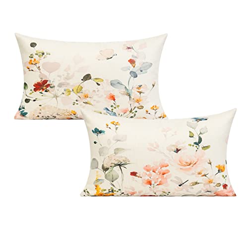 12X20 Outdoor Lumbar Boho Throw Pillow Covers Yellow Flower Watercolor Patio Furniture Spring Colorful Floral Decor Summer Sage Green Leaves Butterfly Cushion Covers Set Of 2 For Sofa Couch #TOP14
