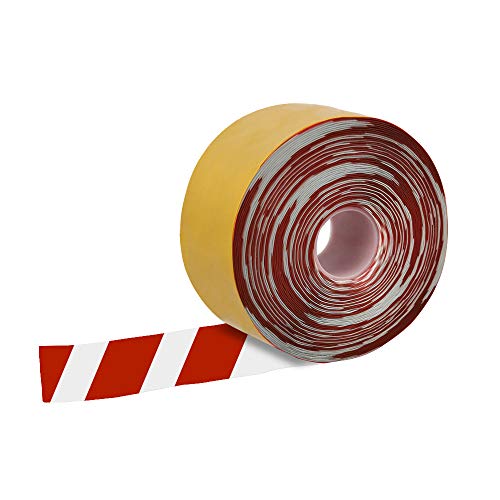 高耐久ラインテープ 赤/白 【サイズ】 幅100mm×30m 厚さ1mm 【材質】PVC 両縁テーパー構造 強粘着