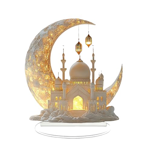 Ramadan Decorations for Home, Ramadan Gifts for Kids, Table Decor, Acrylic Desktop 2D Spray Painted Acrylic Crescent and White Palace Design (F)