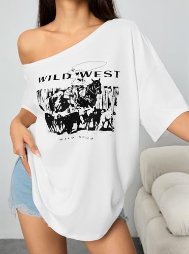 Image of Hilinker Womens Sexy Off The Shoulder Tops Short Batwing Sleeve T Shirt Oversized Casual Tee White Wild West Medium