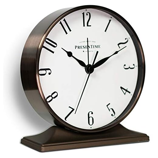 Presentime & Co Lewis Mantel Alarm Clock, Desk and Shelf Clock, Tabletop Decoration, 5.5 x 5 inch, Silent no Ticking, Metal Base, Bronze Finish, Arabic Numeral
