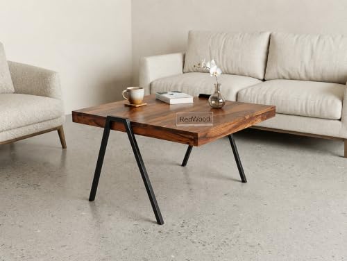 Image of Solid Sheesham Wood Coffee Table Set of 2 with Metal Legs | Modern Nested Center Tables for Living Room | Industrial Wooden Tea Tables Space Saving Stackable Cocktail Furniture for Home | Brown