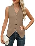 Rapbin Vest for Women Knit Button Down Shirts Business Casual Ribbed Sleeveless Sweater Top(Camel,Large)