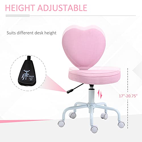 Image of HOMCOM Heart Love Back Office Chair with Adjustable Height and 360 Castor Wheels, Vannity Stool Chair, Pink