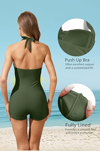 Image of Tempt Me Women Tummy Control One Piece Swimsuits with Shorts | Ruched, Retro bathing Suit, Boyleg, Halter, Vintage, Built-in padded cups