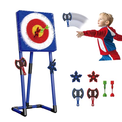Jeu De Lancer De Hache Et De FléChettes - Comprend 2 Haches, 2 Cibles De FléChettes Et 2 FléChettes à Six éToiles - Jouet SûR Et Pliable Pour S'Amuser En Famille,Blue-Square