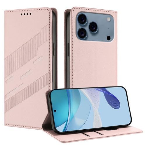Coque en cuir iPhone 17 Pro Max rose élégante à lignes latérales et rabat chic