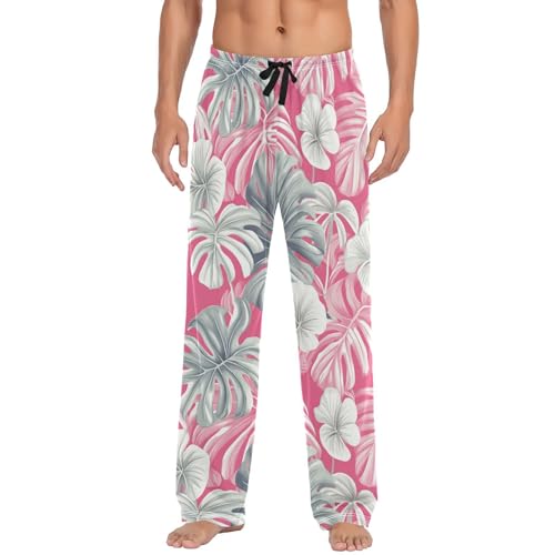 Mens Pajama Pants Tropical Palm Leaves Flowers Pink Soft Lounge Sleep Pj Bottoms with Drawstring Pockets2