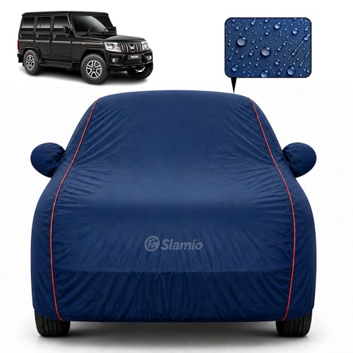 Image of Premium 100% Waterproof Car Cover for Mahindra Bolero 2000-2010 Models All-Weather, UV & Dust Protection | Heavy-Duty 3-Layer Fabric | Custom Fit with Mirror & Antenna Pockets | Navy Blue