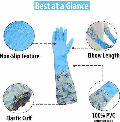 Image of GDNK Reusable Rubber Latex PVC Flock lined Long Sleeves elbow length Hand Gloves for Kitchen Dish-Washing, Cleaning Gloves (Pack of 2) (Blue + Pink)