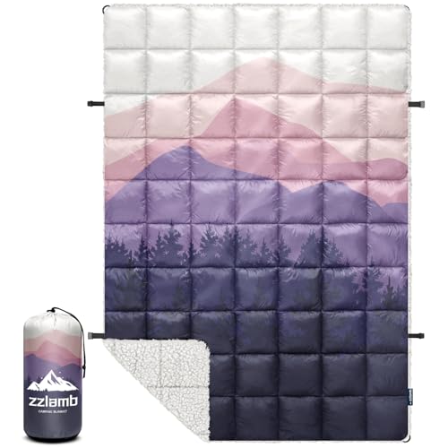 zzlamb Sherpa Puffy Camping Blanket,Outdoor Warm Wearable Fleece Blankets for Cold Weather,Camp Quilt with Sherpa Lining for Sleeping,Traveling,Backpacking,Picnics,Stadium 52x75in Lavender Ridge Fade