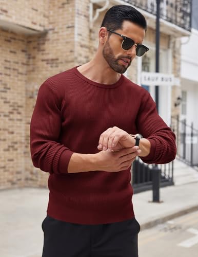 COOFANDY Herren Strickpullover Rundhals Pullover Feinstrick Sweater Langarm Pullover Langarmshirt Regular Fit Pulli Trendy Pullover Weinrot XL