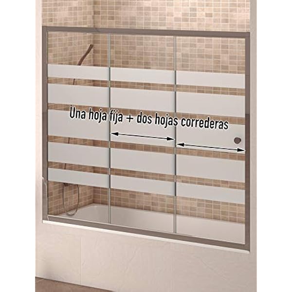 Mampara Frontal Para Bañera Modelo MICHIGAN. Una Hoja Fija Mas Dos Hojas Correderas, Ancho de 160 cm, Cristal 6 mm Decorado Serigrafía, Perfil Aluminio Cromado