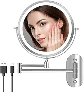 Kirkcaldy Wall Mounted Mirror with Lights, Rechargeable Design Makeup Mirror, 3 Color LED Touch Screen Dimmable Mirror, 8 Inch Double-Sided LED Makeup Mirror 1X & 10X Magnification