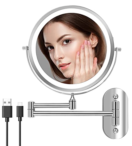 Kirkcaldy Wall Mounted Mirror with Lights, Rechargeable Design Makeup Mirror, 3 Color LED Touch Screen Dimmable Mirror, 8 Inch Double-Sided LED Makeup Mirror 1X & 10X Magnification 