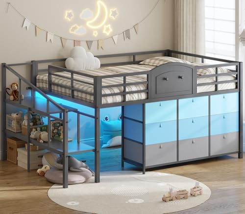 VIAGDO Low Loft Bed Full Size with 9 Storage Drawers