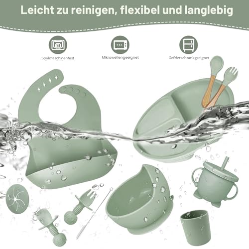 Baby Geschirrset,12er Set Kindergeschirr, Babylöffel,Trinklernbecher,Silikon Lätzchen,Baby Teller Kinderteller mit Saugnapf… – Ansicht 4