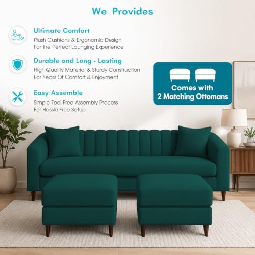 Image of Doraldo 3 Seater Sofa Set with 2 Ottoman for Living Room (Pine) Premium Fabric Sofa
