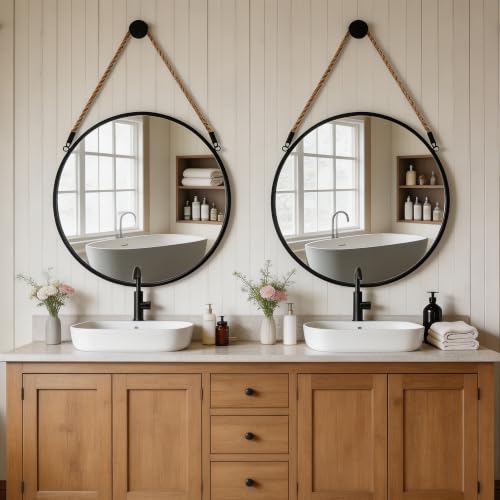 POZINO 20" Round Wall Mirror with Jute Rope, Circle Hanging Mirror for Wall - Image 4
