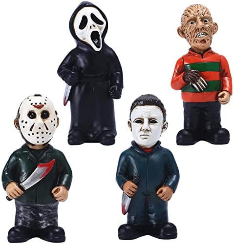 Horror Movie Garden Gnomes Decoration Outdoor Statue Nightmare Jason Michael Myers Figurines Lawn Halloween Decor (4PCS)