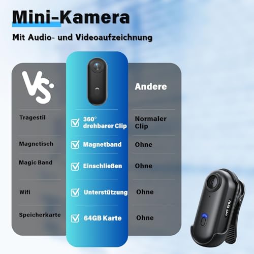 TOSBARRFT 4K Körperkameras mit Audio- und Videonachzeichnung - wasserdichter 4K-Körperkamera, magnetisch und mit 360°-Klammer, 120-Minuten-Batterie fürs Radfahren, Spazierengehen mit Tieren(4K-P-64G)