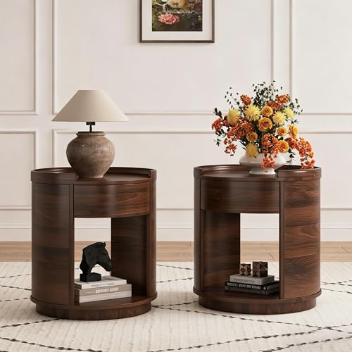 Image of Chogori Solid Wood End Table Set of 2 with Drawer & Storage Shelf - Walnut Round Accent Nightstand, Farmhouse Side Table for Small Spaces, Living Room, Easy Assembly