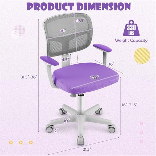 Image of Pemberly Row Kids Study Chair, Adjustable Height 31.5-36 in, Mesh Back, Cushioned Seat, Lumbar Support, Swivel Seat, Auto Brake Casters, Purple Finish, Ergonomic Chair for Study or Homework Use