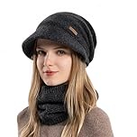 Siganorpy Women Winter Knitted Beanie Hat Stretchy Slouchy Cap with Visor Warm Fleece Lined Skull Cap for Cold Weather Brim Fleece Liner 55-60 cm (Black Set)