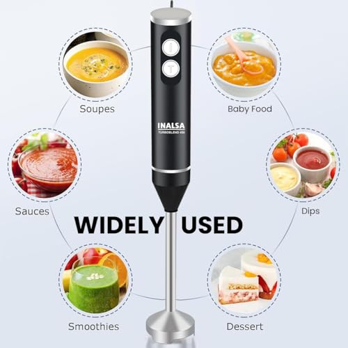 Image of INALSA TurboBlend 450 Hand Blender | 450W Powerful Motor | 2 Speed Control | Stainless Steel Detachable Stem & Blades | Silent Operation | BPA Free | Black /Silver | 1 Year Warranty
