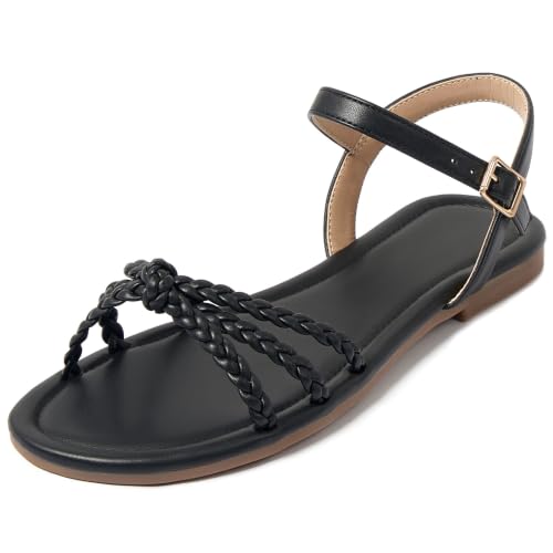 Image of iCKER Womens Braided Flat Sandals T‑Strap thong Elastic Stretch Ankle Strap