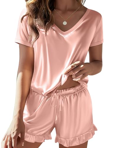 Image of Ekouaer Satin Pajamas for Women Short Sleeve Silk Sleepwear 2 Piece Pjs Set with Ruffled Shorts Casual Loungewear