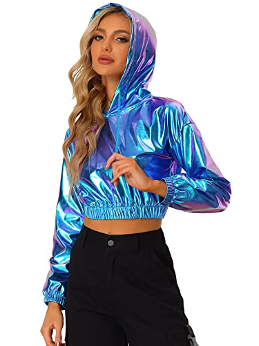 Allegra K Damen Metallic Hoodie Oberteil Langarm Holografische Glitzer Crop...