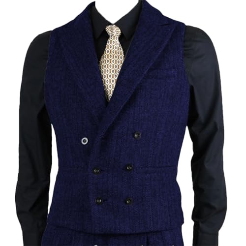 Men Brown Herringbone Tweed Slim Fit Waistcoat Double Breasted Sleeveless For Wedding Party Prom Suit Vests