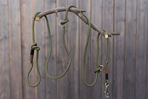 Wau-Effekt - Retrieverleine aus Segeltau mit Zugstopp - 100% Handarbeit - längenverstellbar und stufenlos größenverstellbar aus robustem Segeltau (M (200cm, 10mm Tau), Grün - Dunkelblau Braun)